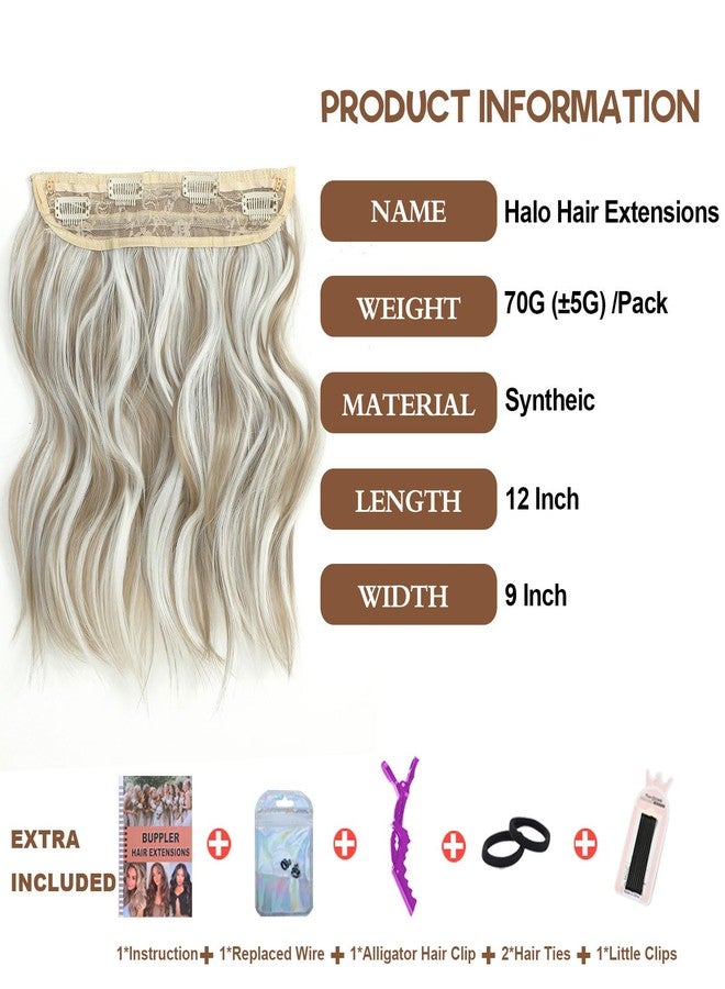 BUPPLER وصلات شعر هالو من بابلِر، 12 بوصة، وصلات شعر بسلك غير مرئي، قابلة للتعديل، شعر طويل مموج، مصنوعة من مواد صناعية مطورة، مزودة بأربعة مشابك تثبيت آمنة، لون أشقر رمادي داكن ممزوج بأشقر بلاتيني. - Image 2